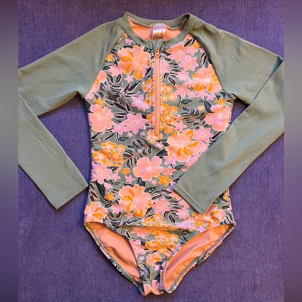 Cat & Jack Girls' 7-8Y Floral Print Ribbed Long Sleeve One Piece Rash Guard